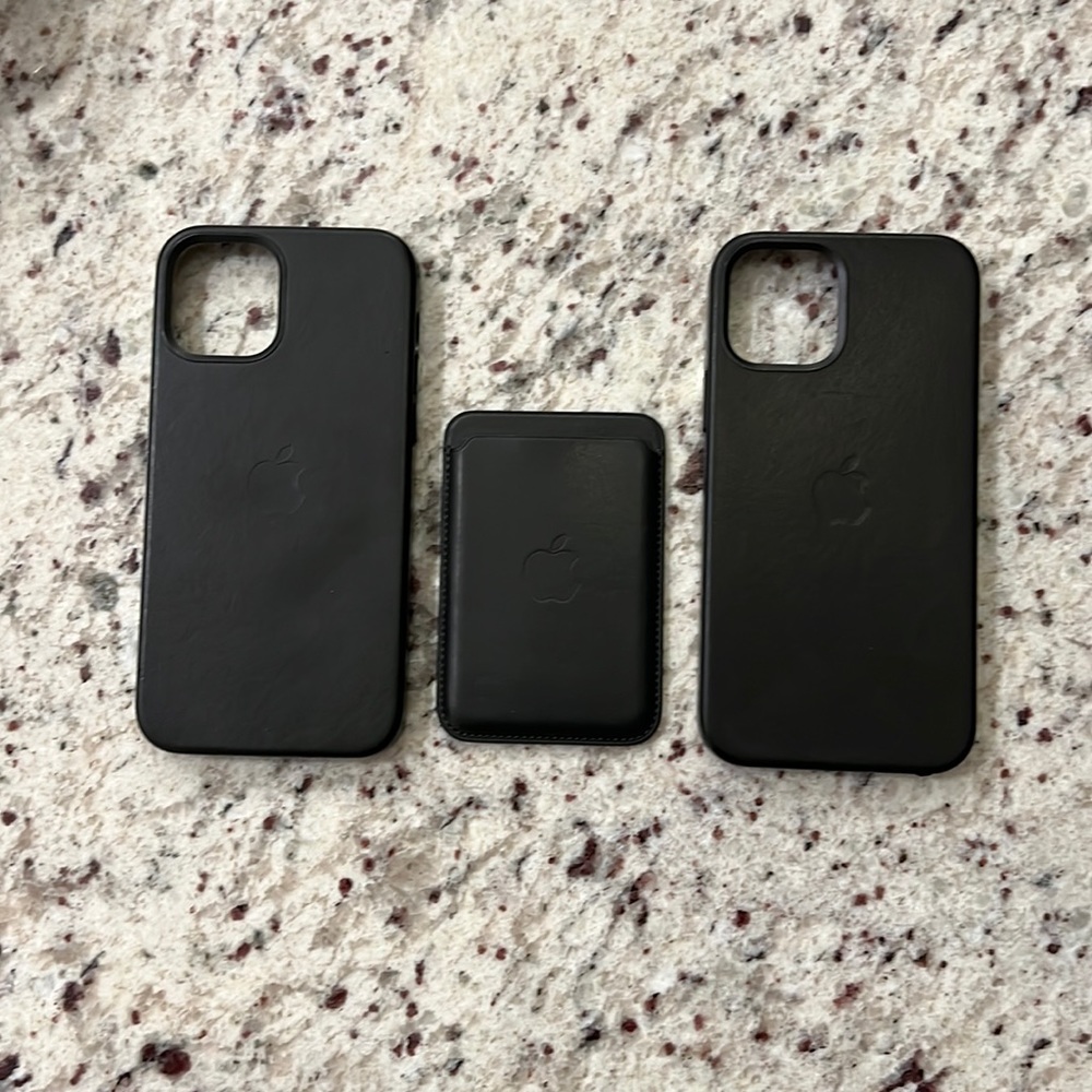 EUC Apple black leather wallet with 2 black Apple iPhone 12 Pro leather cases